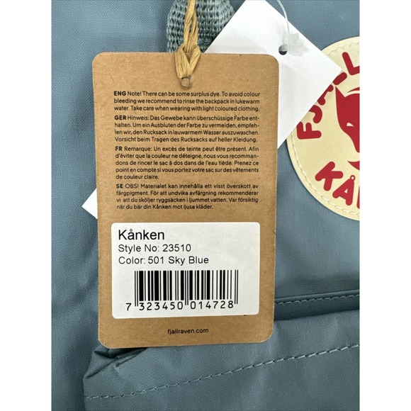 Fjallraven Kanken Backpack 23510. Sky Blue. Inside, Front And Side Pockets. - Picture 6 of 7